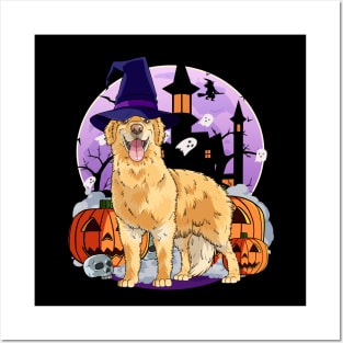 Golden Retriever Halloween Witch Pumpkins Ghost Haunted House Posters and Art